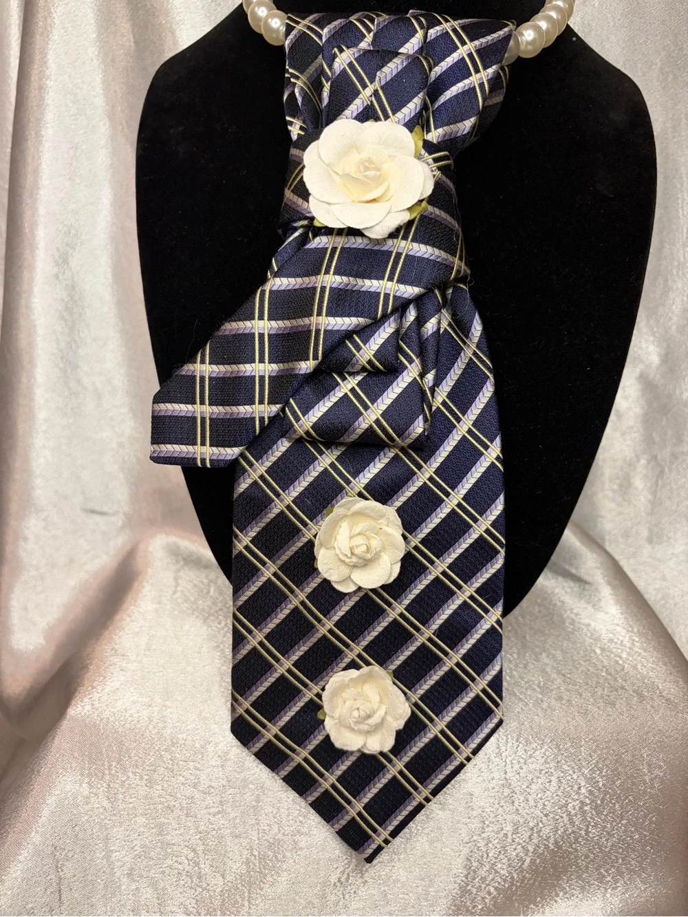 Navy Plaid Decorative Scarf Tie with Cream Floral Accents